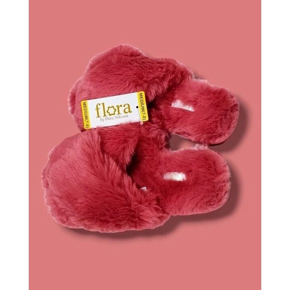 Flora Berry Rouge Super Soft Fuzzy Faux Fur Crossband Womens 7/8 House Slippers - Picture 13 of 16